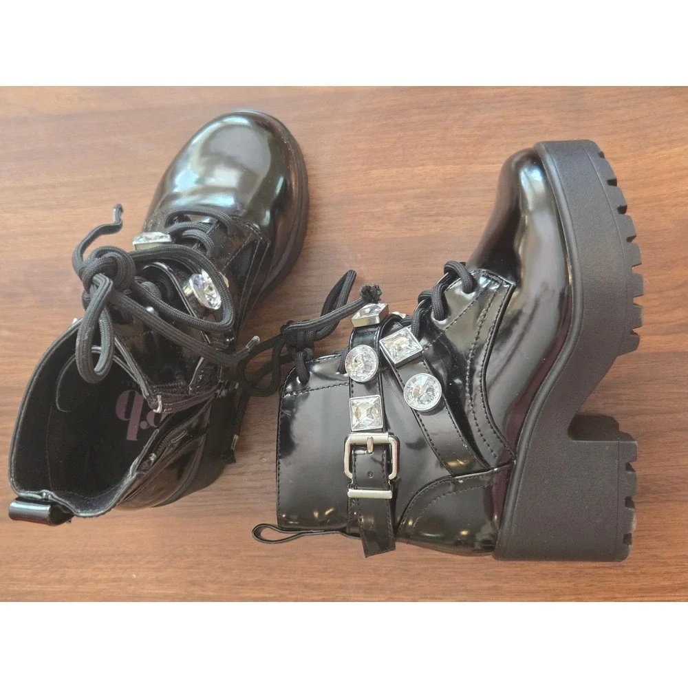 GB Girls Gianni Bini Black Patent Rhinestone Platform Combat Boots Size 12M